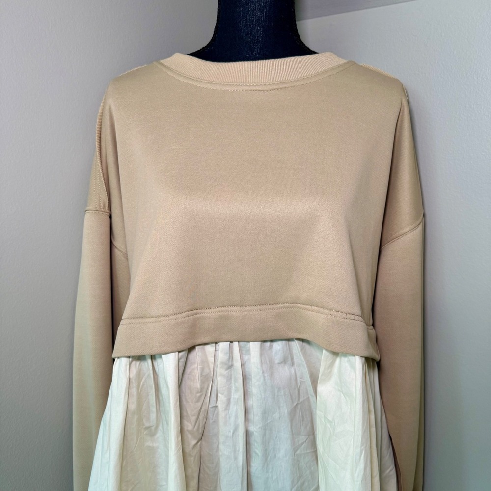 Idem Ditto Womens Mixed Media Sweatshirt Mini Dress Tan Cream Size M NEW - Picture 2 of 6